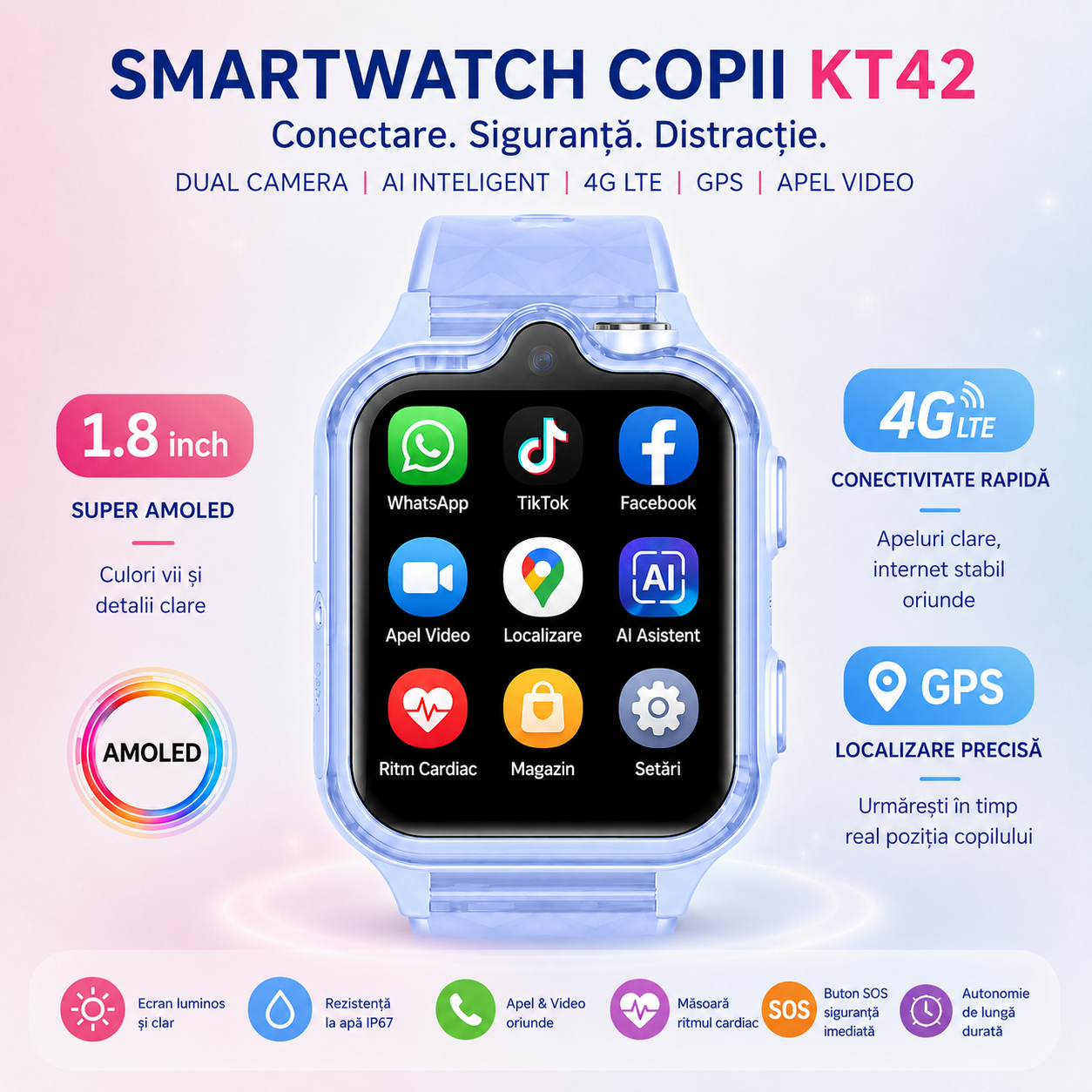 Ceas Smartwatch Copii Si Telefon Techone KT42, Blue