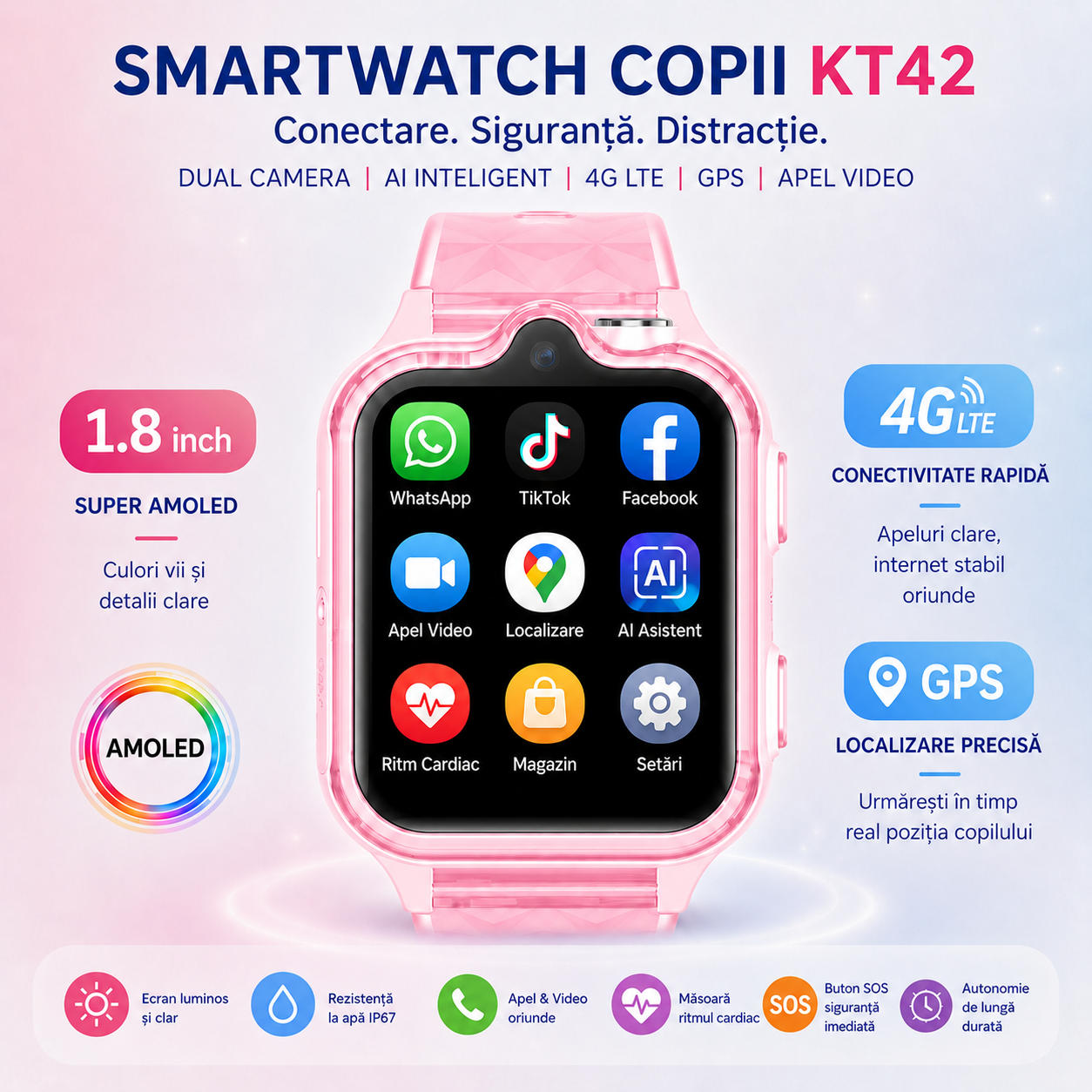 Ceas Smartwatch Copii Si Telefon Techone KT42, Roz