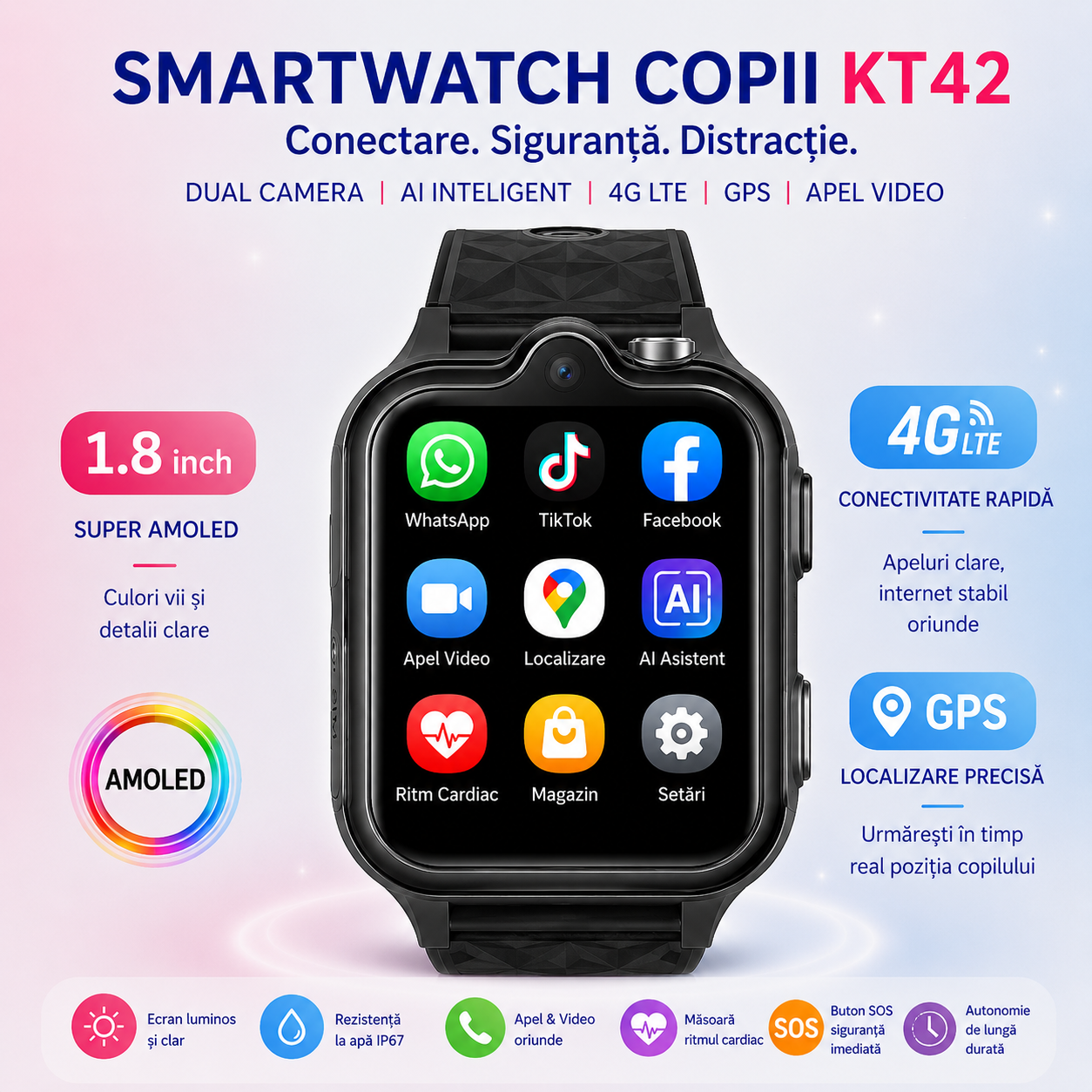 Ceas Smartwatch Copii Si Telefon Techone KT42, Negru