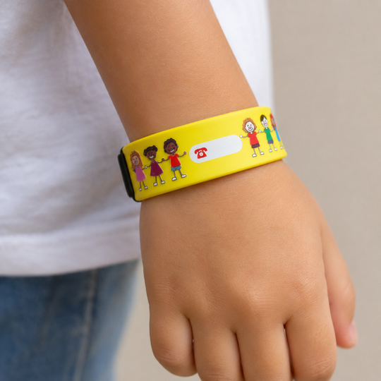 Bratara de identificare copii Kidprotect, anti pierdere, nume, numar telefon, galben
