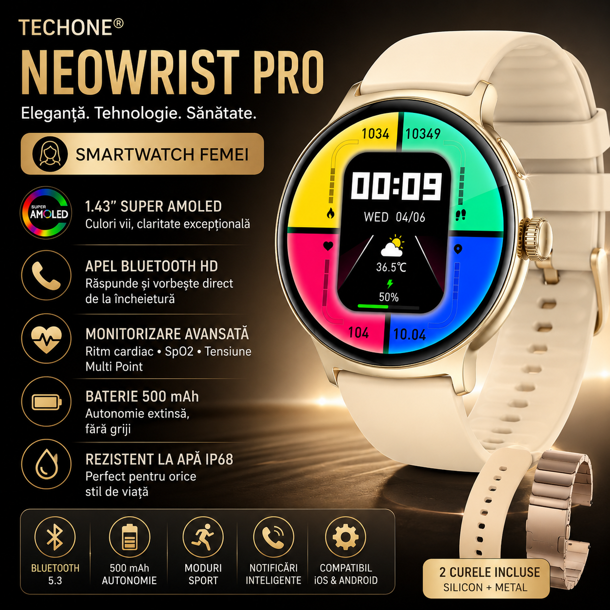 Ceas Smartwatch Femei TechONE NeoWrist Pro Gold
