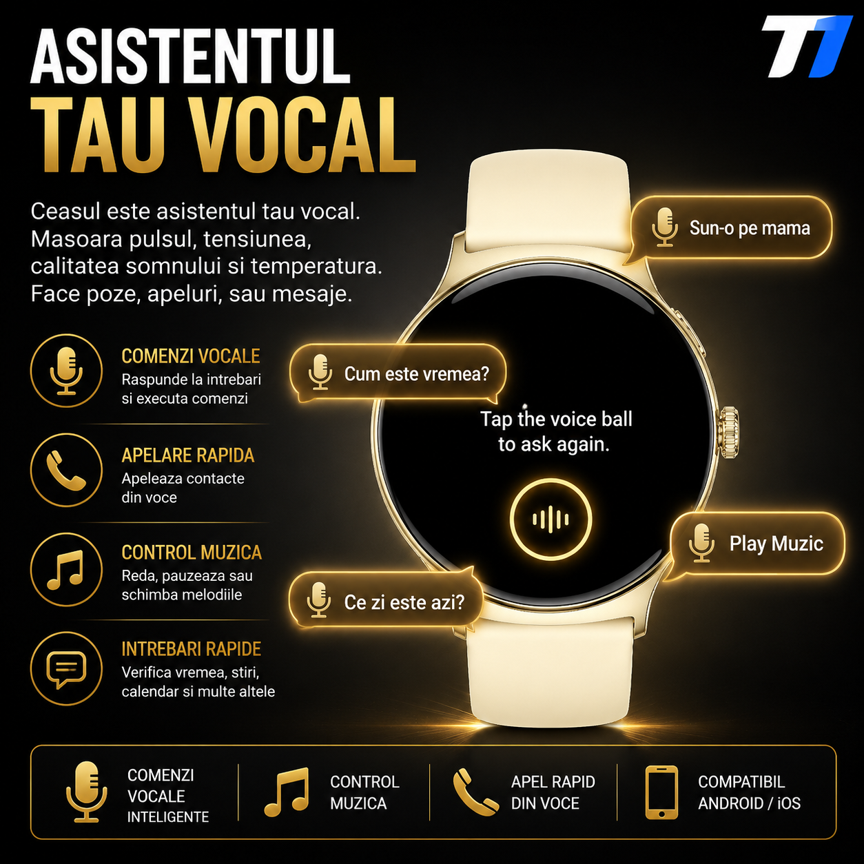 Ceas Smartwatch Femei TechONE NeoWrist Pro Gold