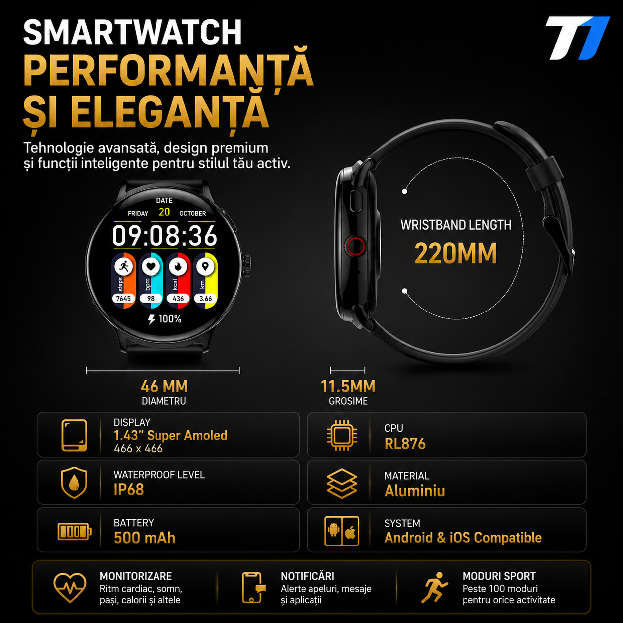 Ceas Smartwatch Femei TechONE NeoWrist Pro Gold