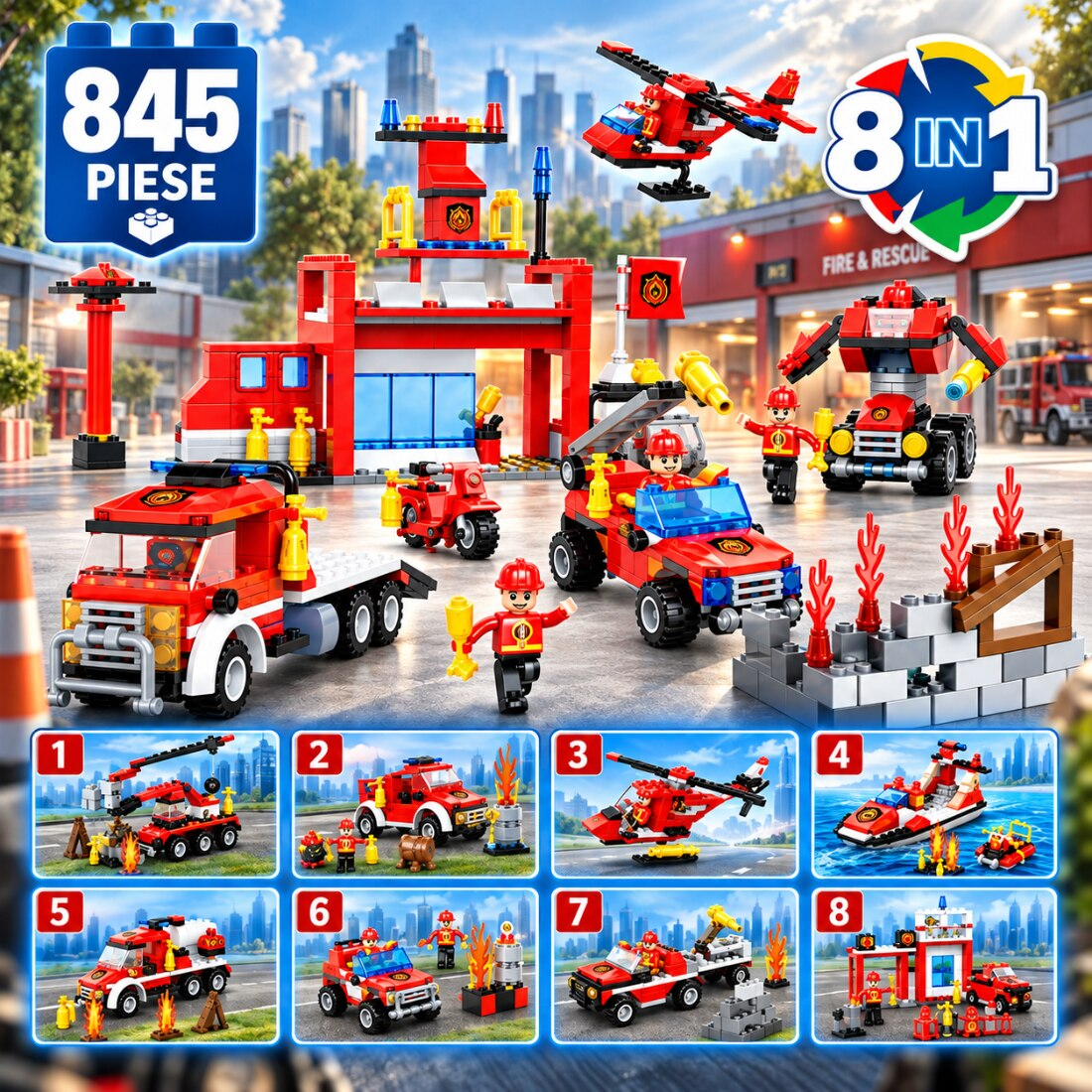 Set de Constructie cu Piese Tip Blocuri Constructie 845 Piese MiniBric 8 in 1 Ready For Action 3018