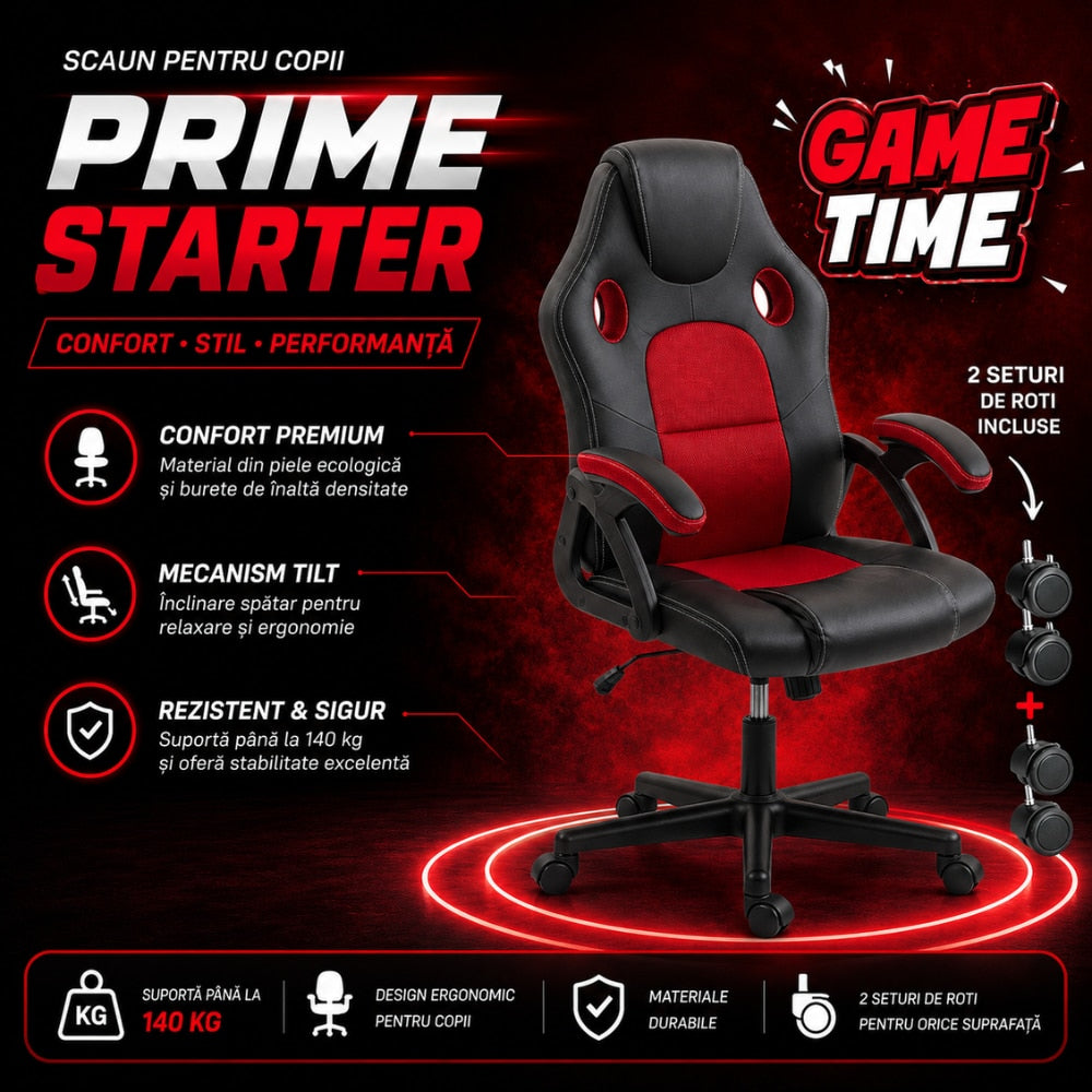 Scaun de Birou si Gaming Pentru Copii KD Home Prime Starter, Negru/Rosu