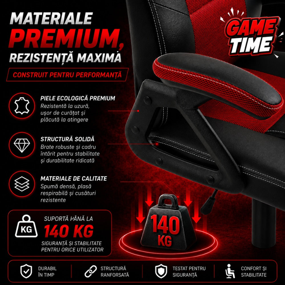 Scaun de Birou si Gaming Pentru Copii KD Home Prime Starter, Negru/Rosu