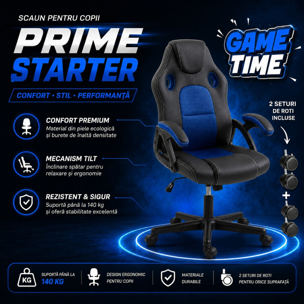 Scaun de Birou si Gaming Pentru Copii KD Home Prime Starter, Negru/Albastru