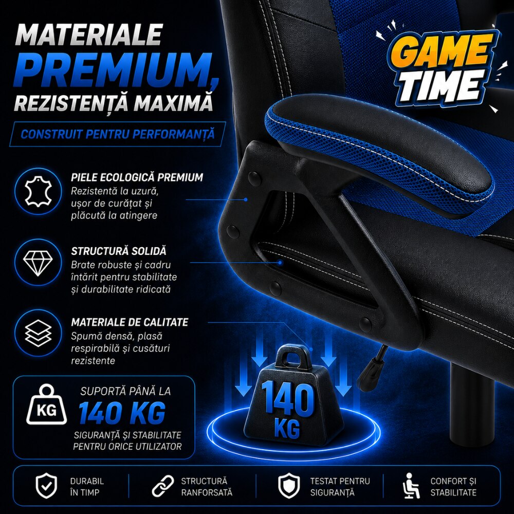 Scaun de Birou si Gaming Pentru Copii KD Home Prime Starter, Negru/Albastru