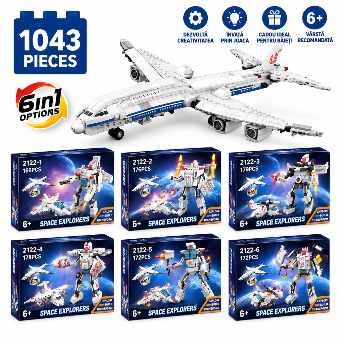 Set de Constructie cu Piese Tip Blocuri Constructie 1043 Piese MiniBric 6 in 1 Robot Airplane 2122