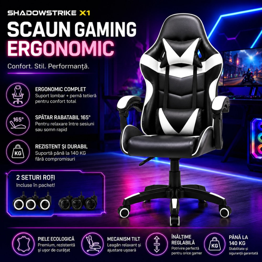 Scaun de Birou Gaming Ergonomic KD Home ShadowStrike X1, Alb