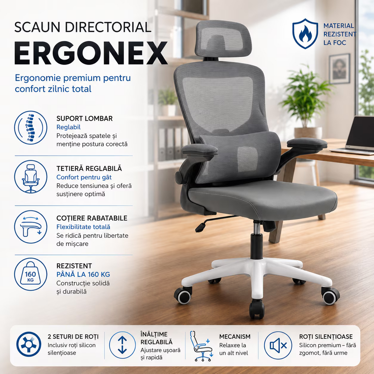 Scaun De Birou Directorial Ergonomic KD Home Ergonex Pro, Gri