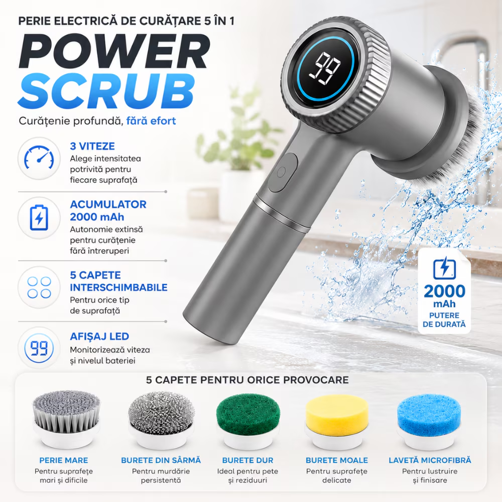 Perie Electrica de Curatare 5 in 1 Techone PowerScrub, Albastru
