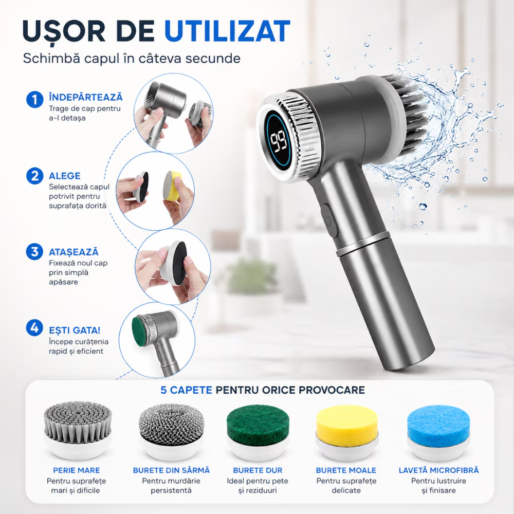 Perie Electrica de Curatare 5 in 1 Techone PowerScrub, Albastru