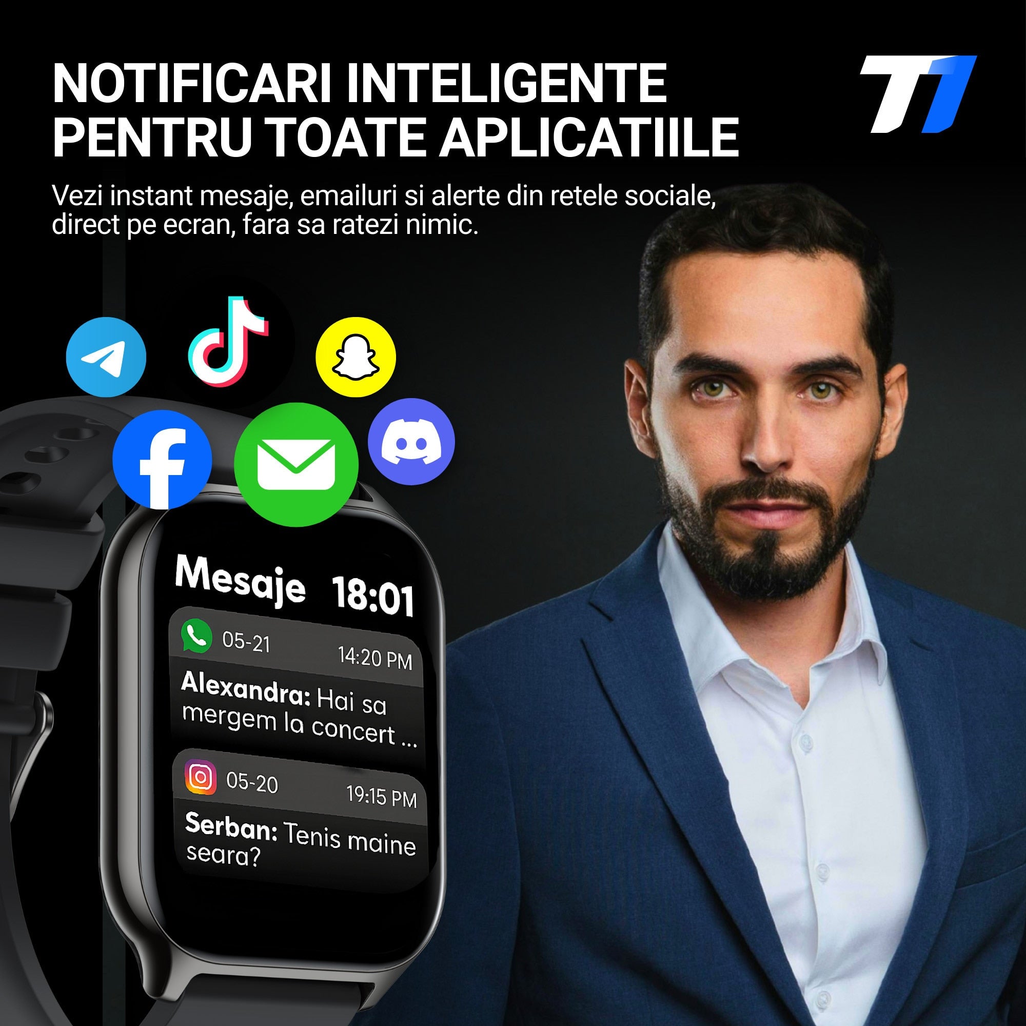 Ceas Smartwatch TechONE Wand Pro, Negru