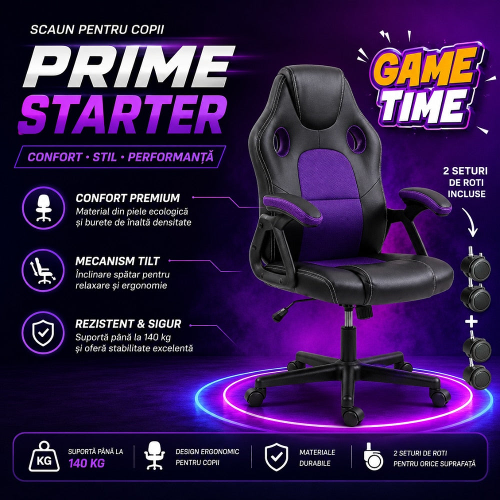 Scaun de Birou si Gaming Pentru Copii KD Home Prime Starter, Negru/Mov