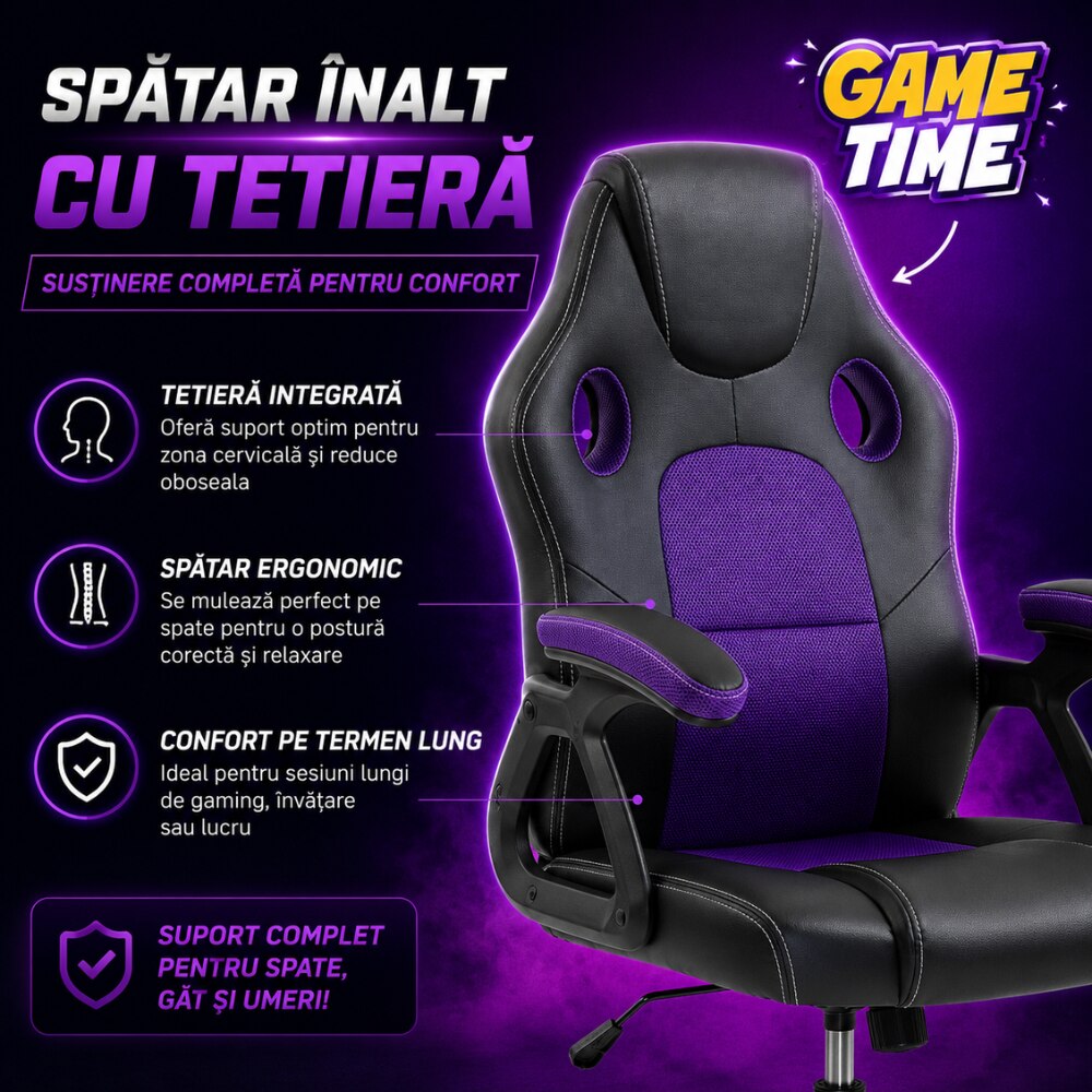 Scaun de Birou si Gaming Pentru Copii KD Home Prime Starter, Negru/Mov