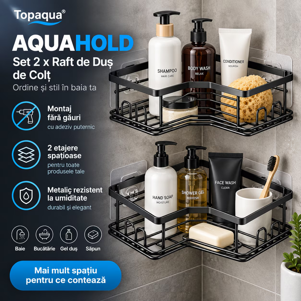 Set 2 x Raft de Dus De Colt, Baie si Bucatarie, 2 Etajere, Topaqua AquaHold