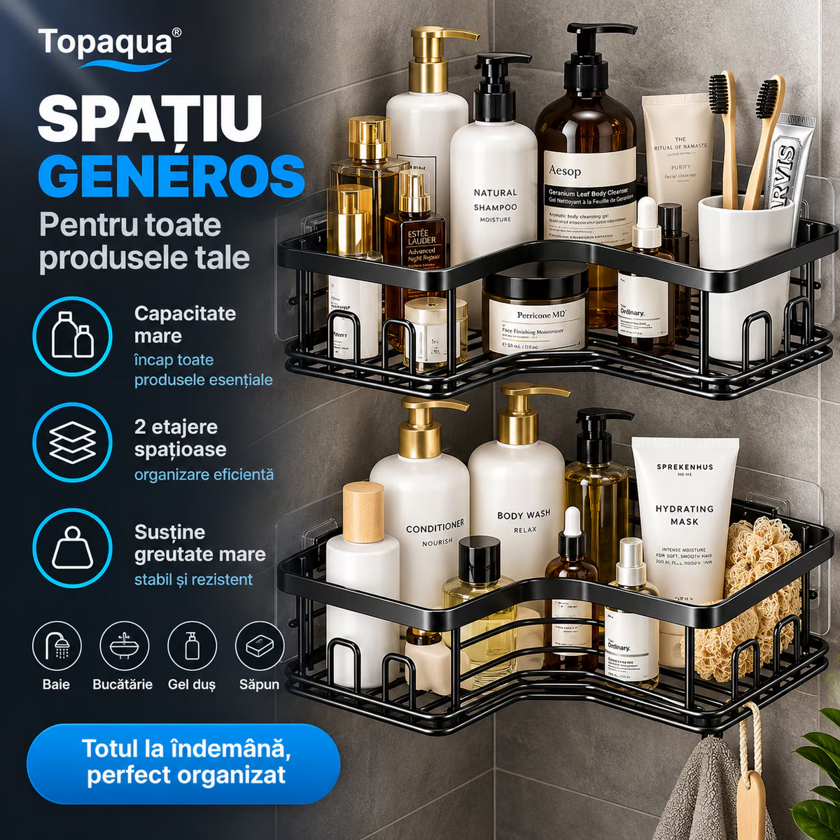 Set 2 x Raft de Dus De Colt, Baie si Bucatarie, 2 Etajere, Topaqua AquaHold
