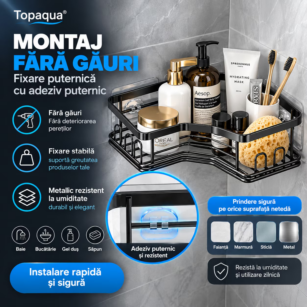 Set 2 x Raft de Dus De Colt, Baie si Bucatarie, 2 Etajere, Topaqua AquaHold
