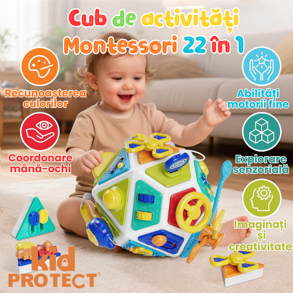 Jucarie Interactiva Bebelusi Montessori KidProtect TinyGenius Cube