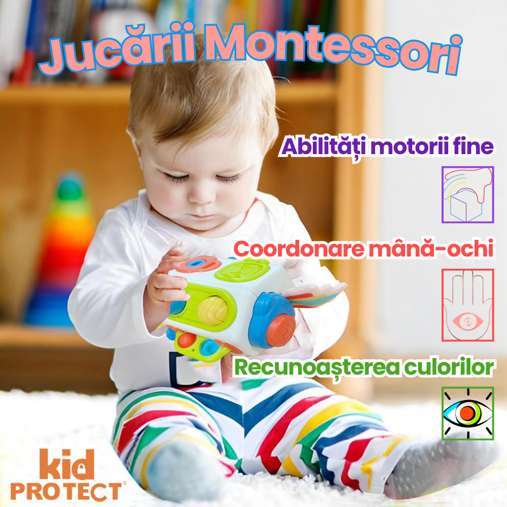 Jucarie Interactiva Bebelusi Montessori KidProtect Busy Cube