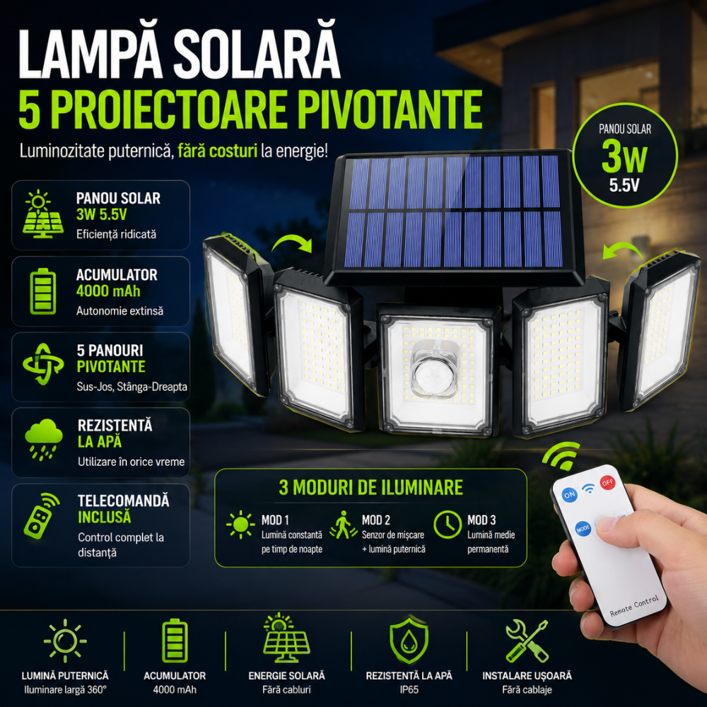 Lampa Solara Cu 5 Proiectoare Techone SolarPentashine