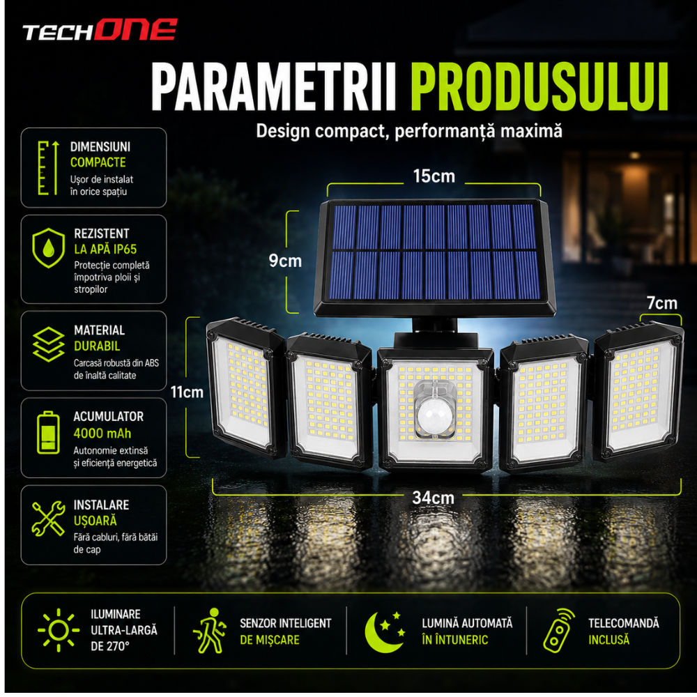 Lampa Solara Cu 5 Proiectoare Techone SolarPentashine