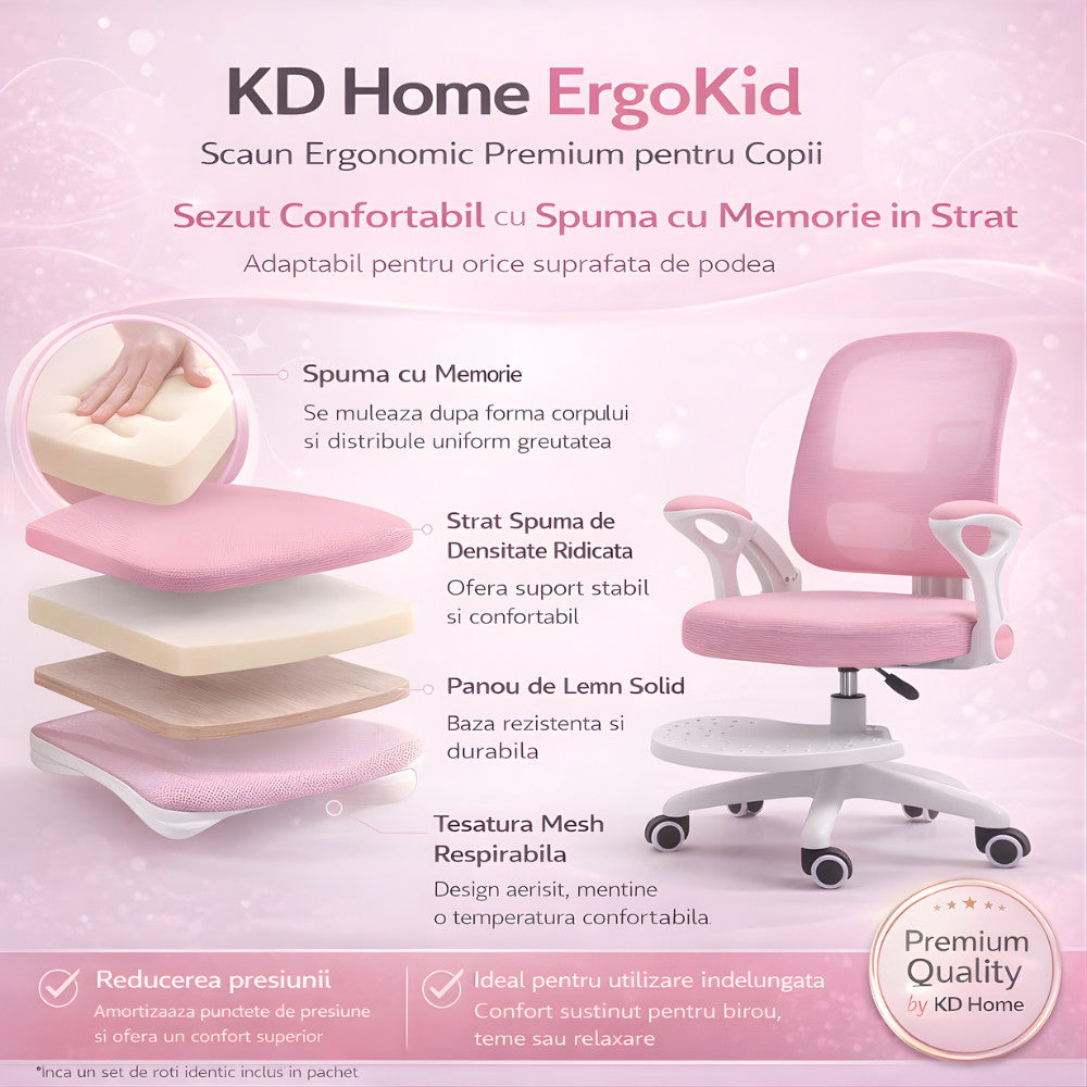 Scaun De Birou Copii Premium Ergonomic KD Home ErgoKid, Roz