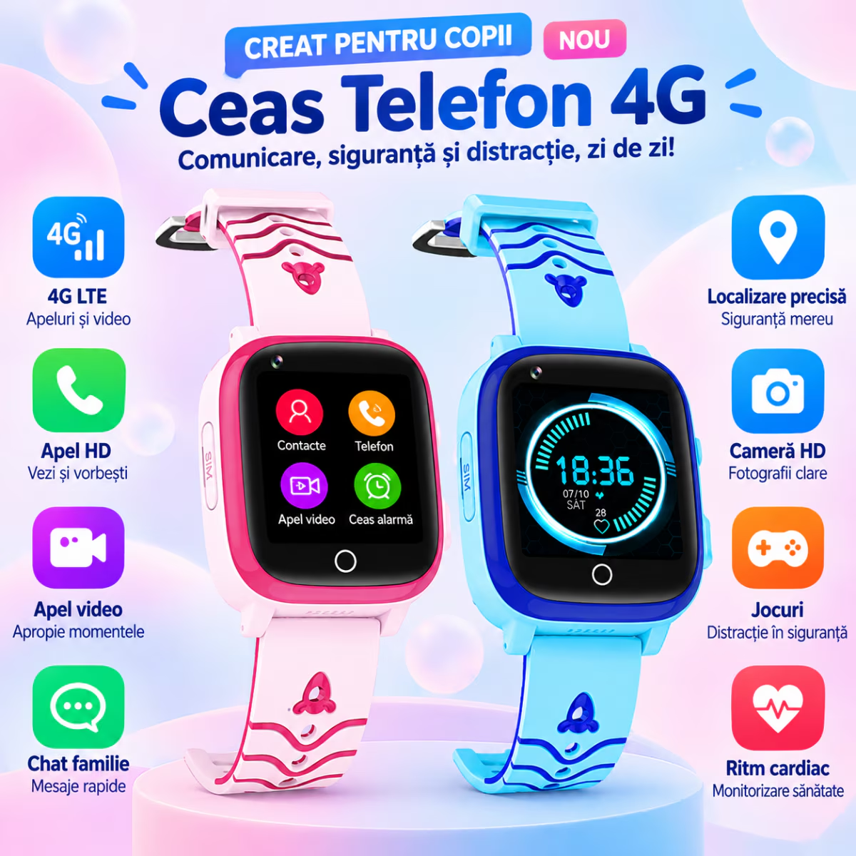 Ceas Smartwatch Copii Cu Localizare GPS Si Telefon Techone T5S Vital Guard, Negru