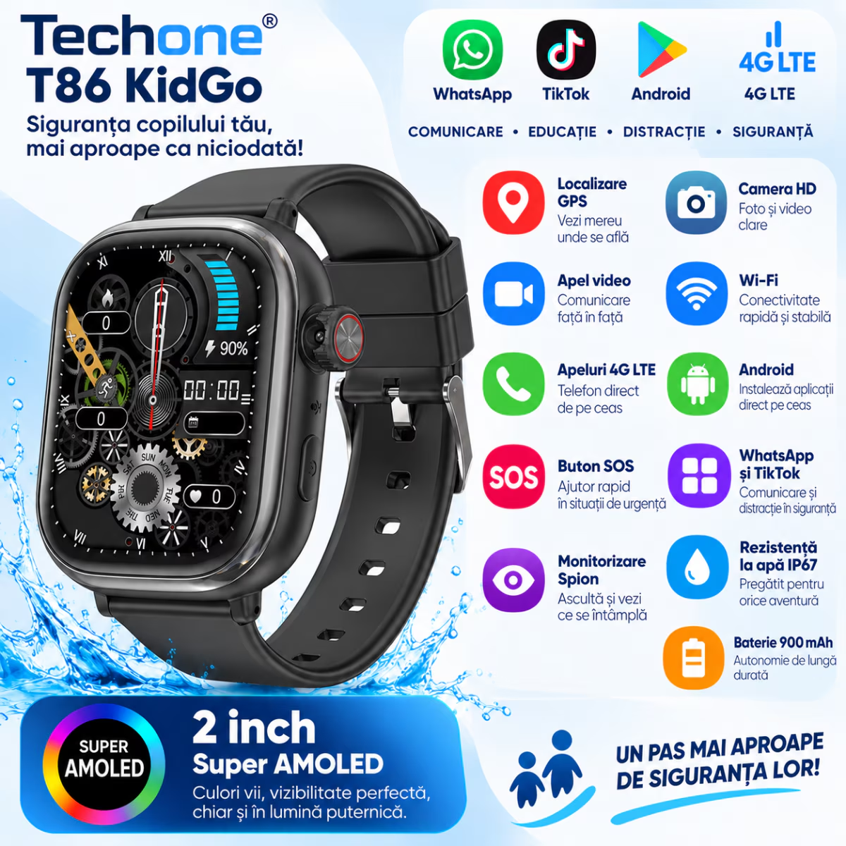 Ceas Smartwatch Copii Cu Localizare GPS Si Telefon Techone T86 KidGo, Negru