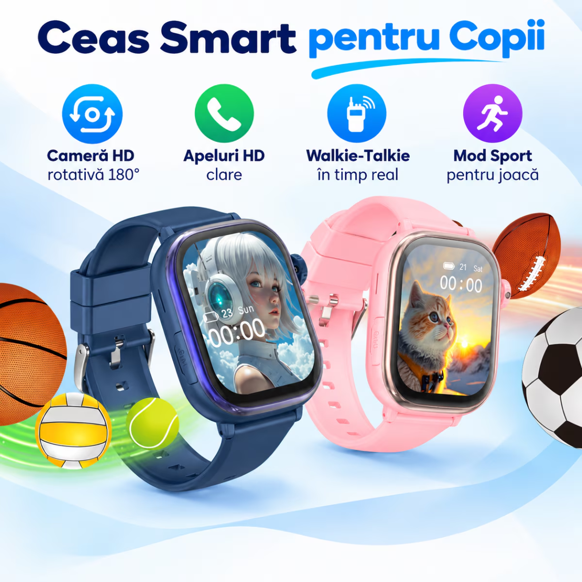 Ceas Smartwatch Copii Cu Localizare GPS Si Telefon Techone T86 KidGo, Albastru