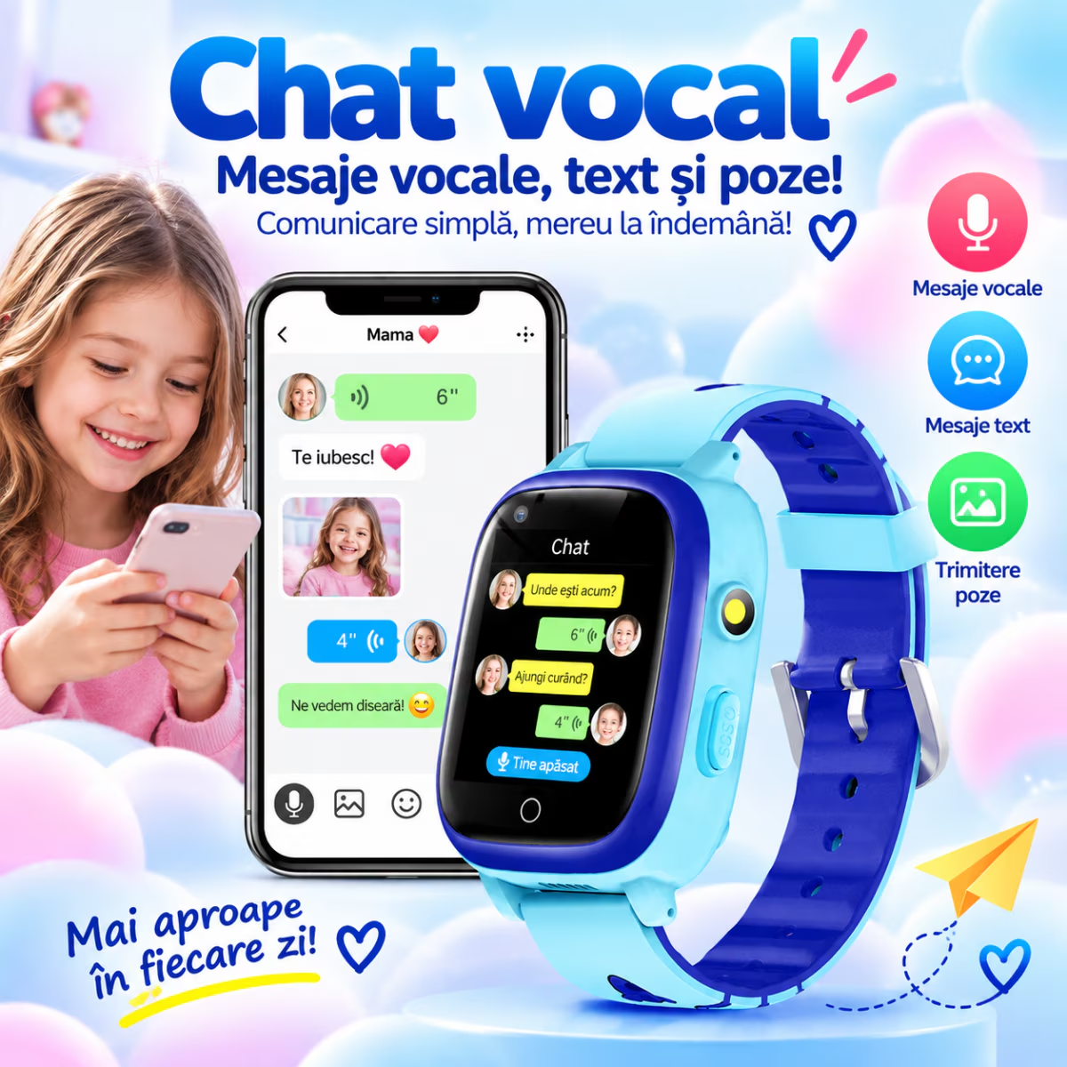 Ceas Smartwatch Copii Cu Localizare GPS Si Telefon Techone T5S Vital Guard, Negru