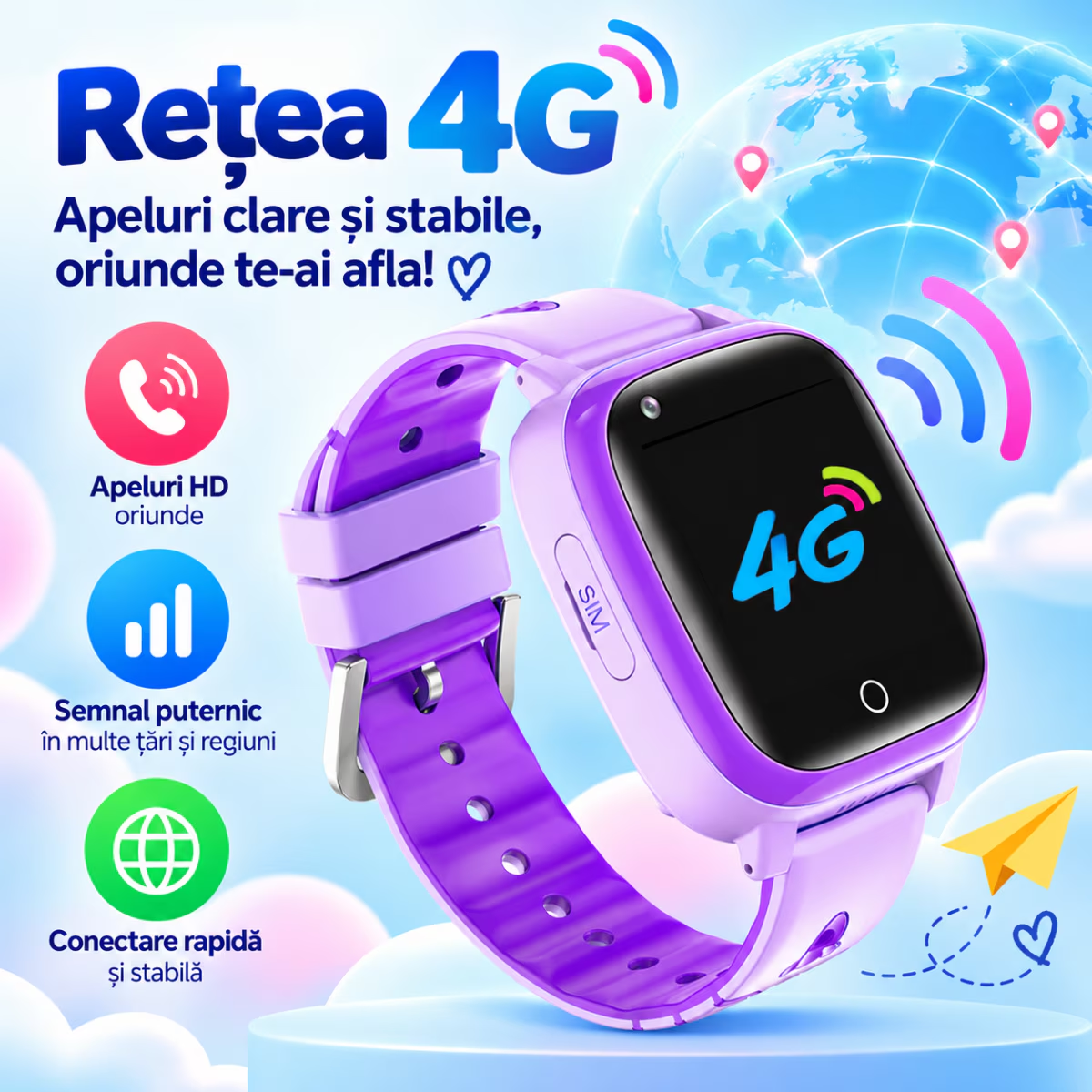 Ceas Smartwatch Copii Cu Localizare GPS Si Telefon Techone T5S Vital Guard, Roz