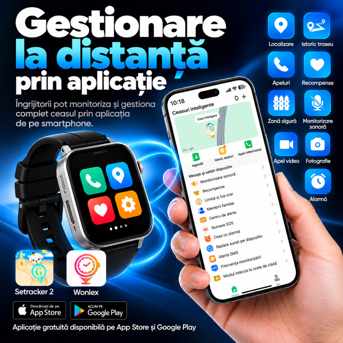 Ceas Smartwatch Copii si Adulti Cu Localizare GPS Si Telefon Techone LifeTrack, Negru