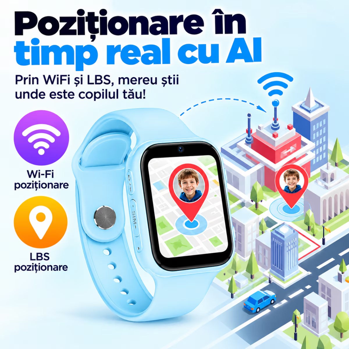 Ceas Smartwatch Copii Cu Localizare W-Fi/LBS Si Telefon Techone X02 Junior, Albastru