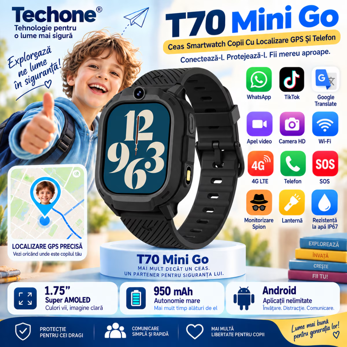 Ceas Smartwatch Copii Cu Localizare GPS Si Telefon Techone T70 Mini Go, Negru