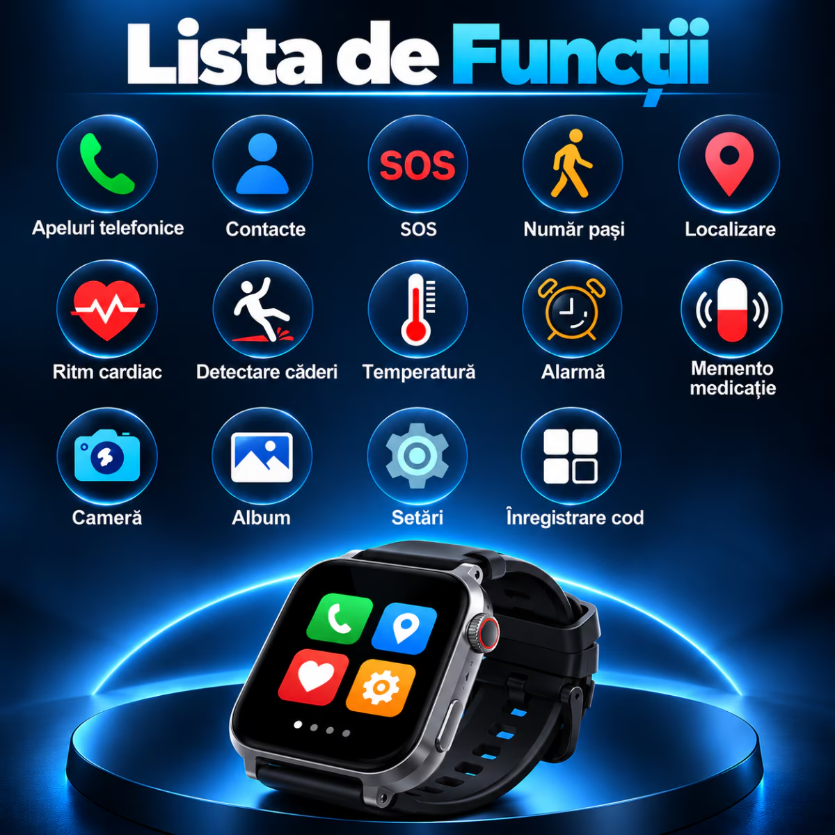 Ceas Smartwatch Copii si Adulti Cu Localizare GPS Si Telefon Techone LifeTrack, Negru