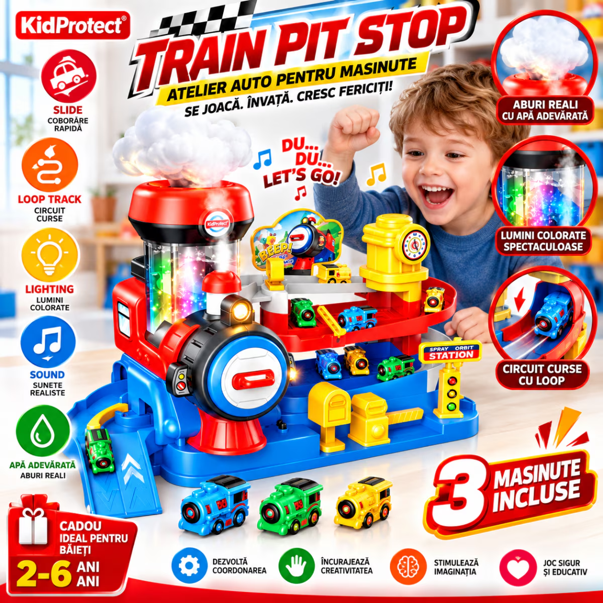 Set Jucarie Interactiva Atelier Auto Pentru Masinute KidProtect Train Pit Stop, Rosu