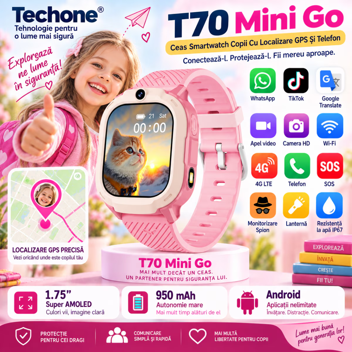 Ceas Smartwatch Copii Cu Localizare GPS Si Telefon Techone T70 Mini Go, Roz