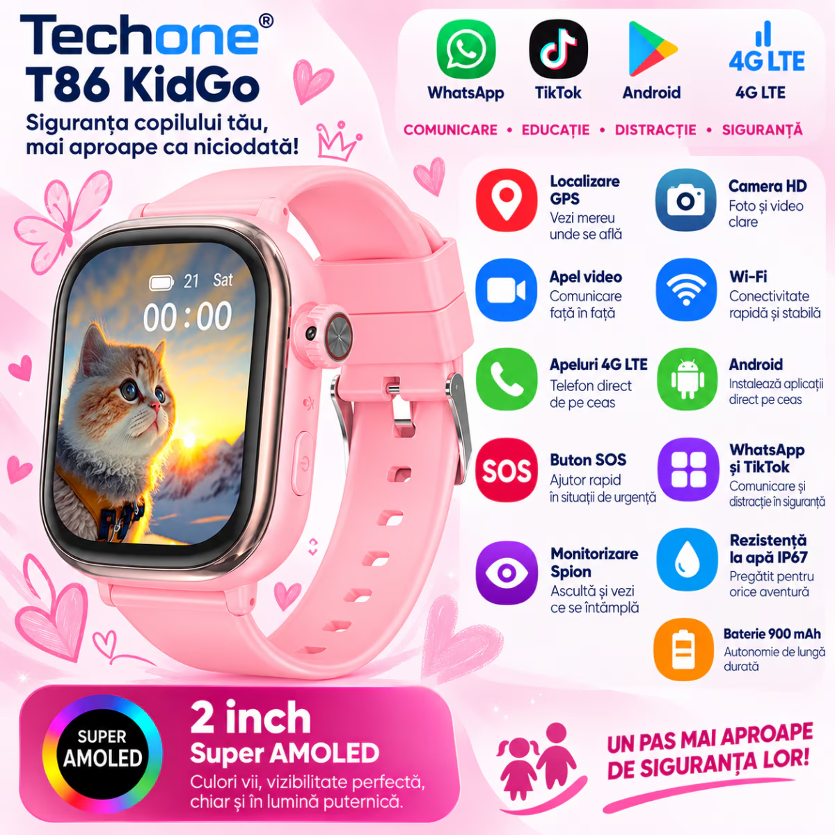 Ceas Smartwatch Copii Cu Localizare GPS Si Telefon Techone T86 KidGo, Roz