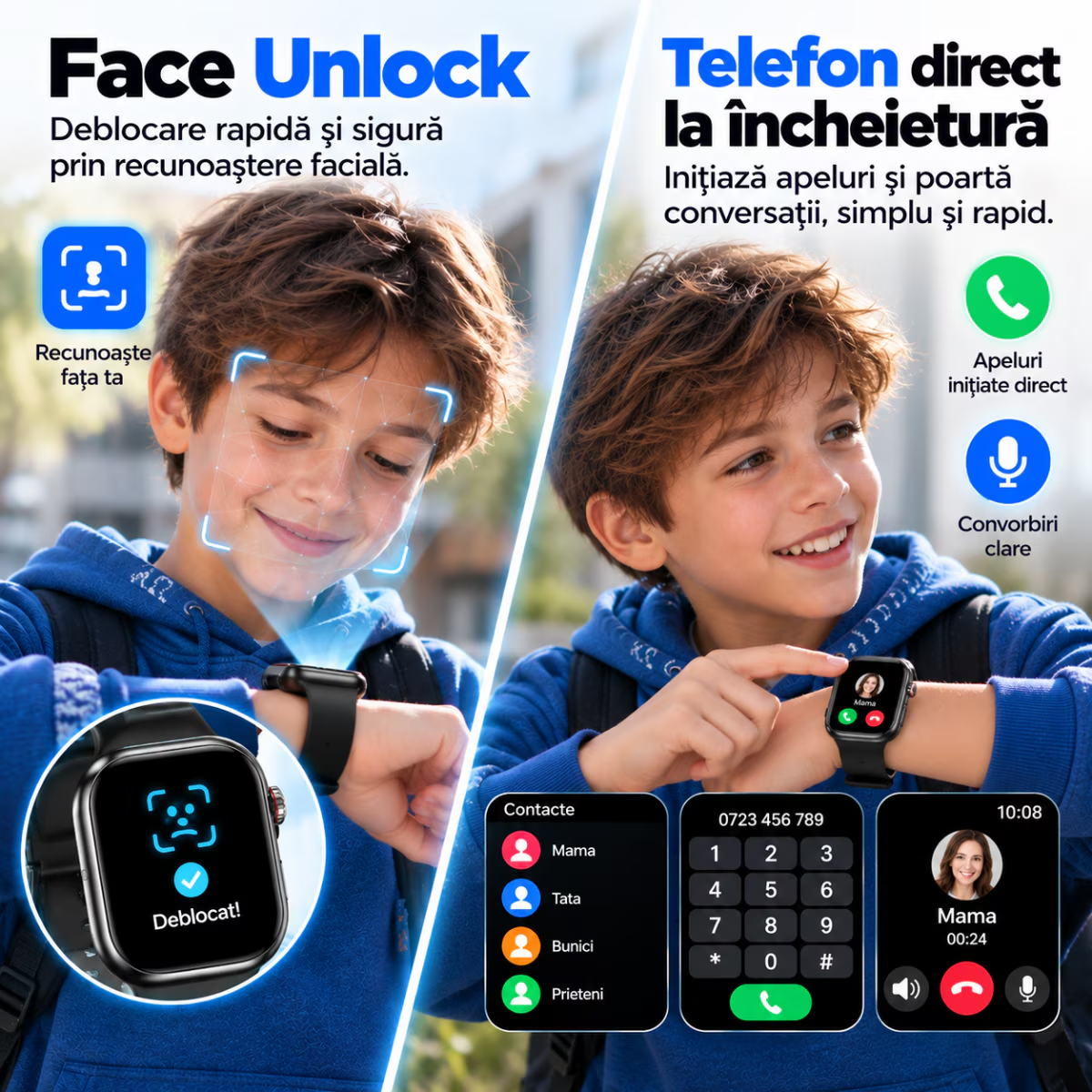 Ceas Smartwatch Copii Cu Localizare GPS Si Telefon Techone T72 Pro Teen Guard, Argintiu