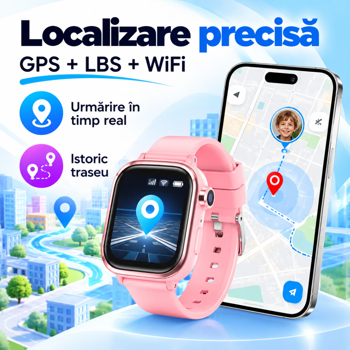 Ceas Smartwatch Copii Cu Localizare GPS Si Telefon Techone T86 KidGo, Roz