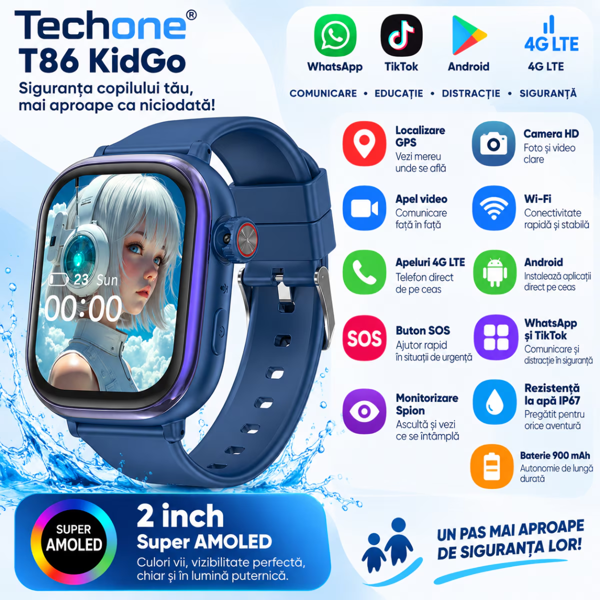 Ceas Smartwatch Copii Cu Localizare GPS Si Telefon Techone T86 KidGo, Albastru