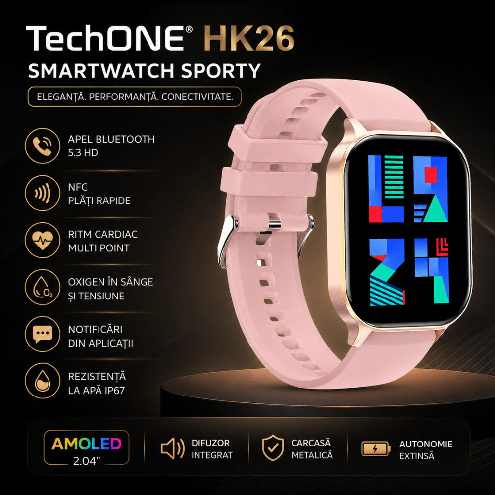 Ceas Smartwatch TechONE HK26 Sporty, Auriu