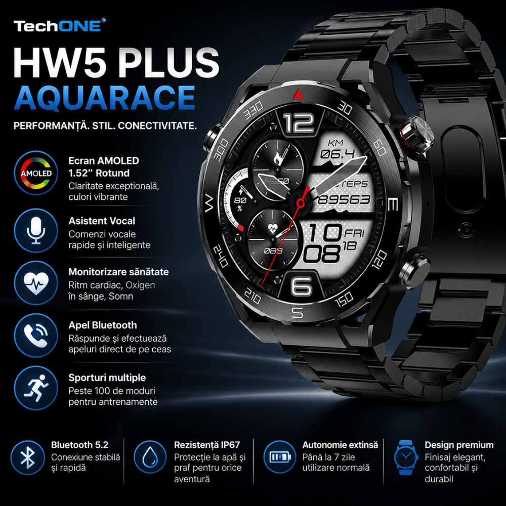Ceas Smartwatch Barbati TechONE HW5 Plus Aquarace, Negru