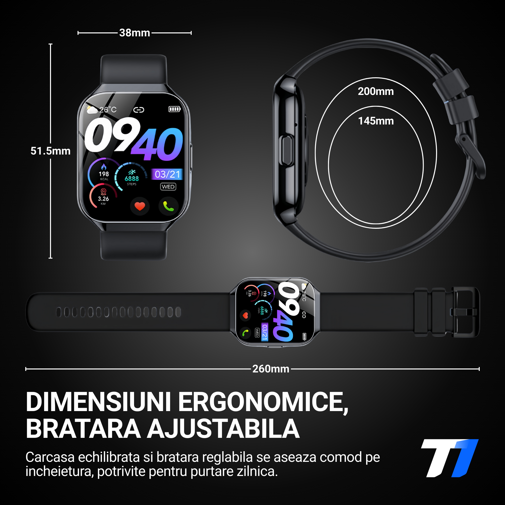 Ceas Smartwatch Barbati TechONE VitaSense Pro, Negru