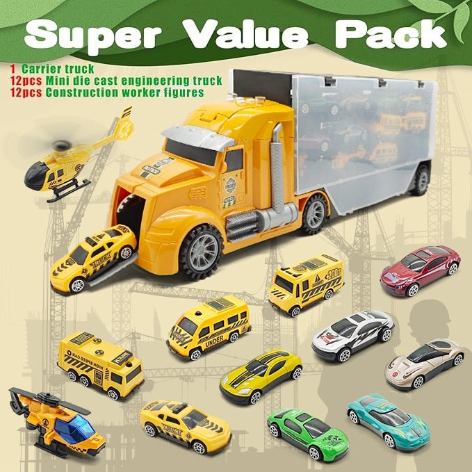 Set Tir Auto Trailer cu Masinute De Jucarie Pentru Copii, KidProtect® Camionel Express, Galben