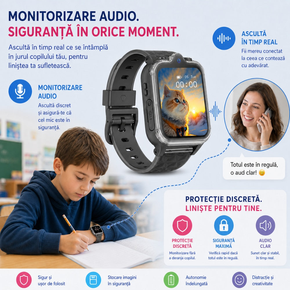 Ceas Smartwatch Copii Si Telefon Techone KT42, Negru