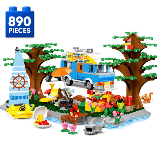 Set de Constructie cu Piese Tip Blocuri Constructie 890 Piese MiniBric Camping Water Sports