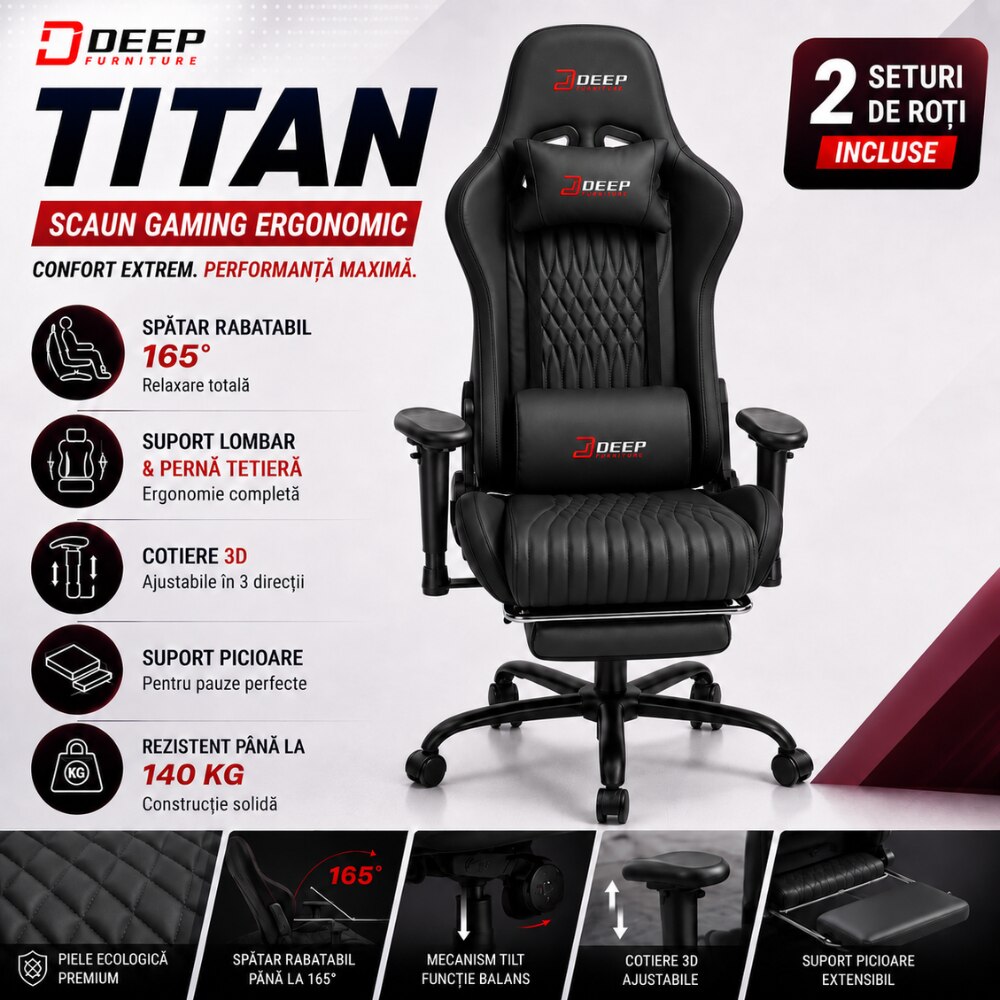 Scaun Gaming Ergonomic KD Home Deep Titan, Negru